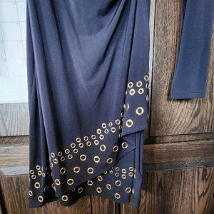 MICHAEL Michael Kors Black Gold Grommet Hem Ruched Faux Wrap Dress Size? LS NWOT